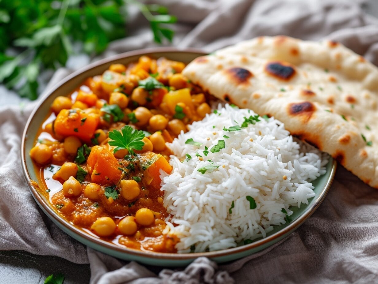 Chickpea and vegetable curry in a hurry served with rice and naan bread