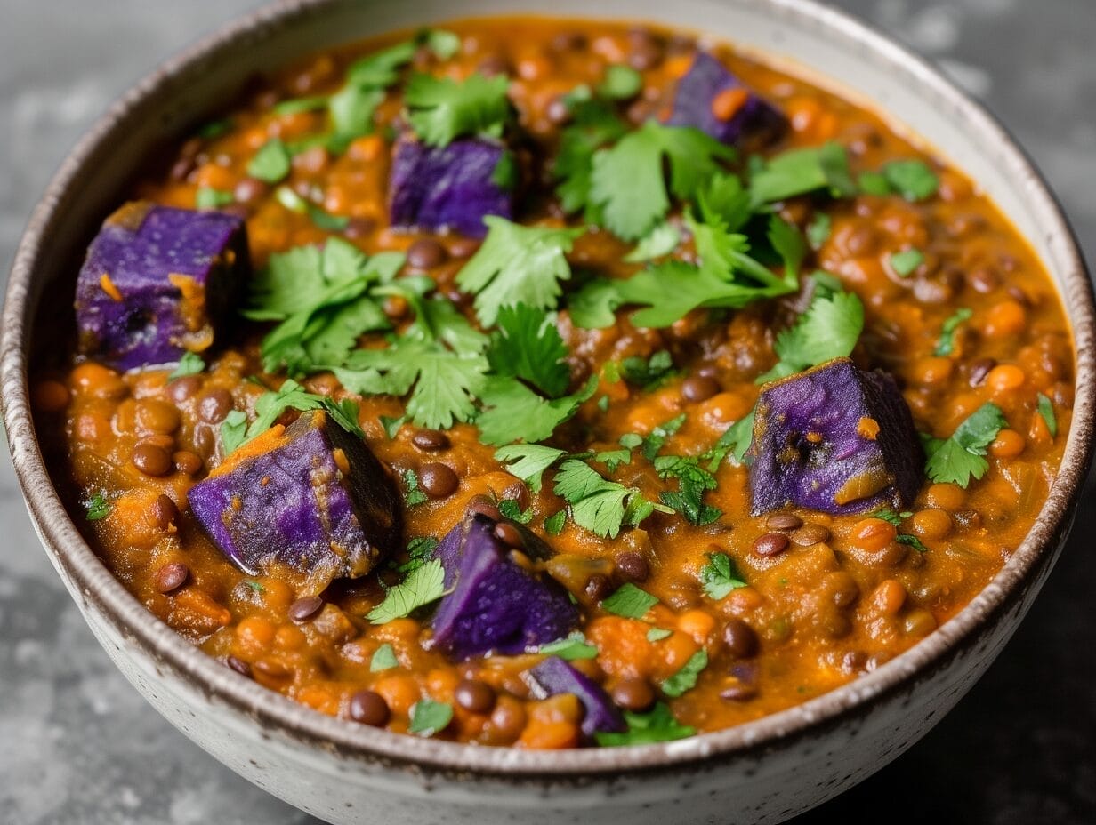 Lentils and Beni imo (purple sweet potatoes)