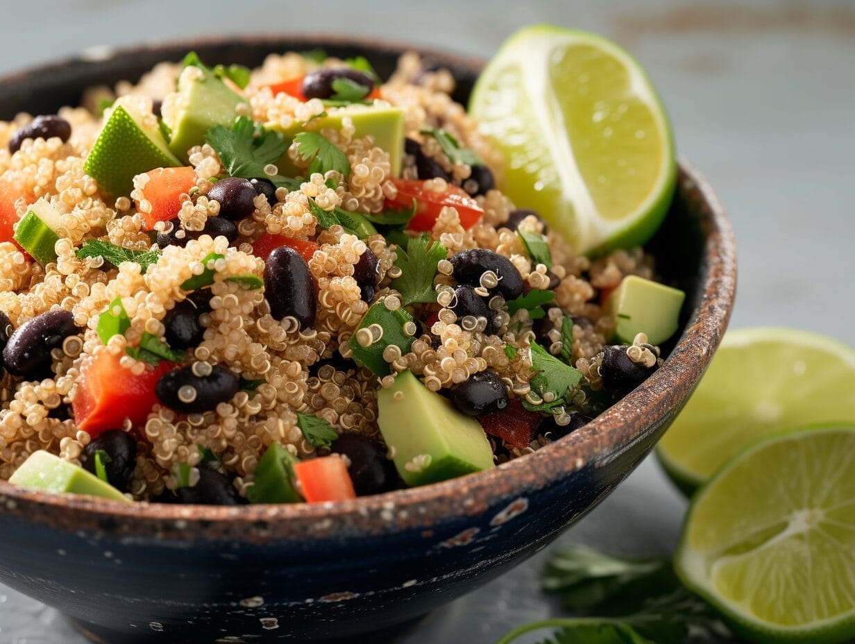 Quinoa and black bean salad in a rustic bowl