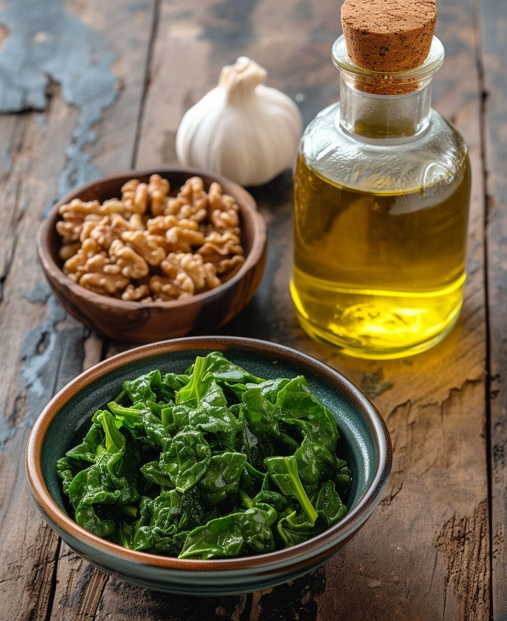 fresh ingredients for spinach and walnut stir-fry